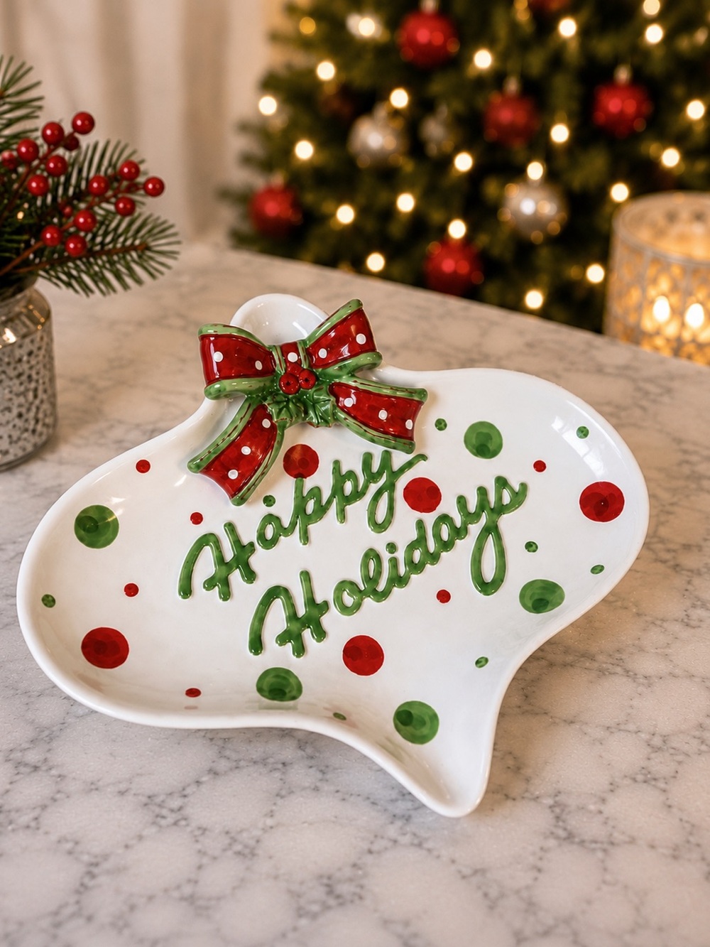 Cracker Barrel Happy Holidays Candy Dish 9” Christmas Ornament Shaped Plate Bow